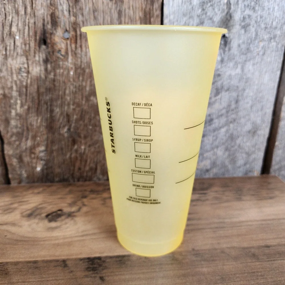 Starbucks Reusable Cold Cup Yellow Frosted Orange Heart Wake Up Venti Tumbler